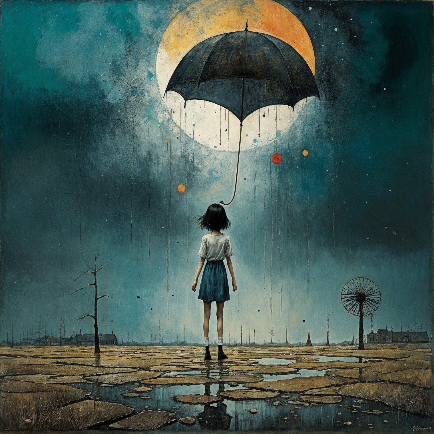 Solitary Girl in Desolate Landscape Under Glowing Moon