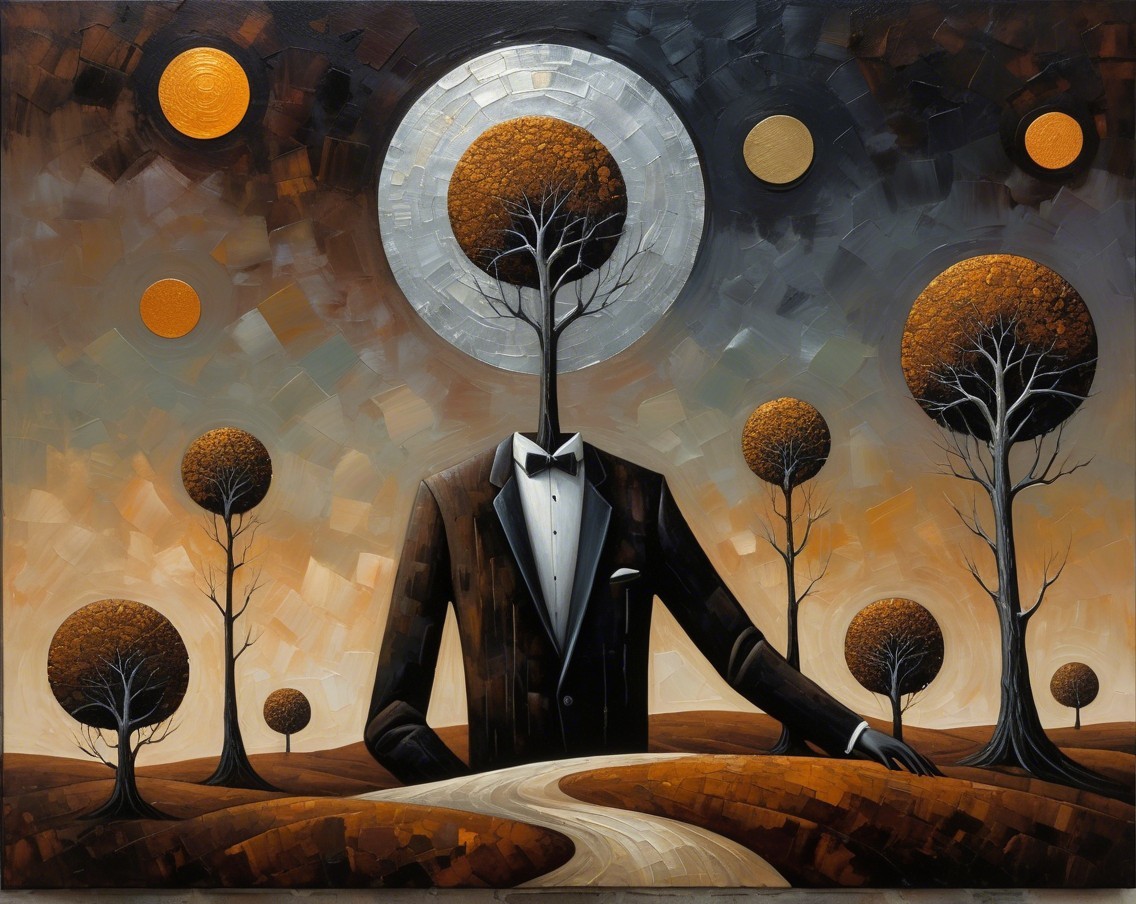 Surreal Artwork with Headless Figure and Vibrant Foliage