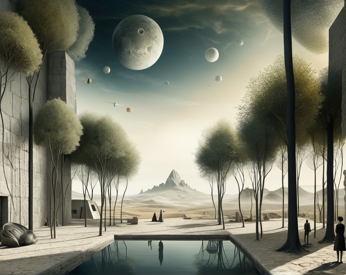 Surreal Landscape with Geometric Structures and Planets