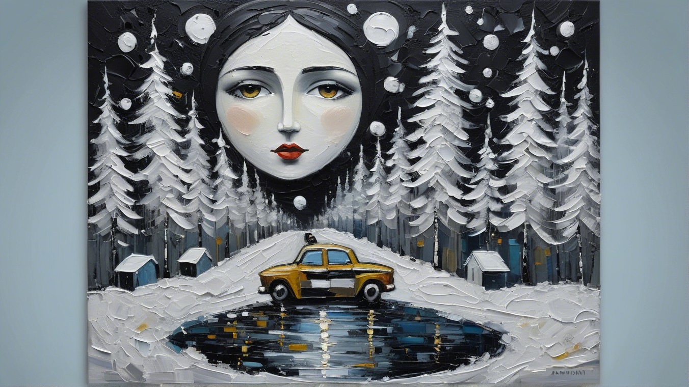 Whimsical Winter Scene with Ethereal Face and Taxi