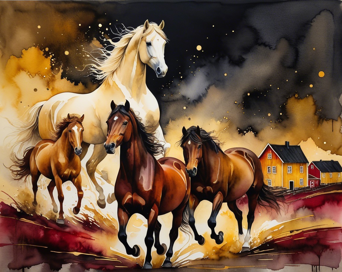 Watercolor of Galloping Horses in Vibrant Landscape