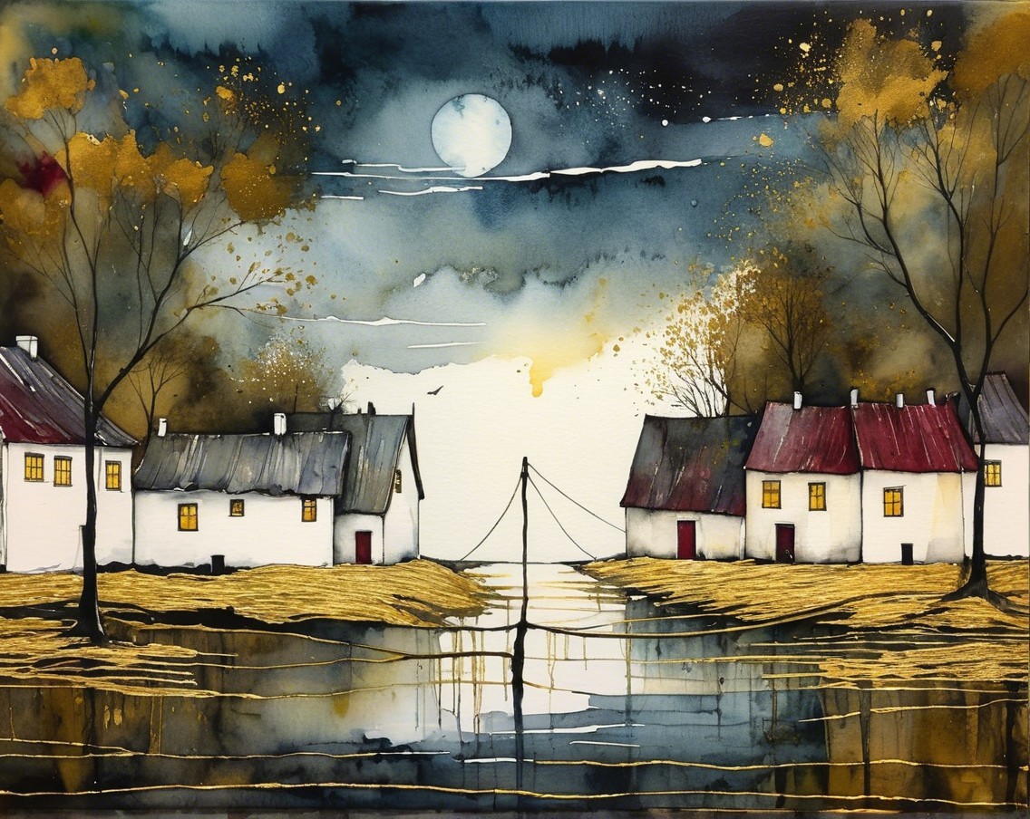 Watercolor Landscape of Houses by a Moonlit River