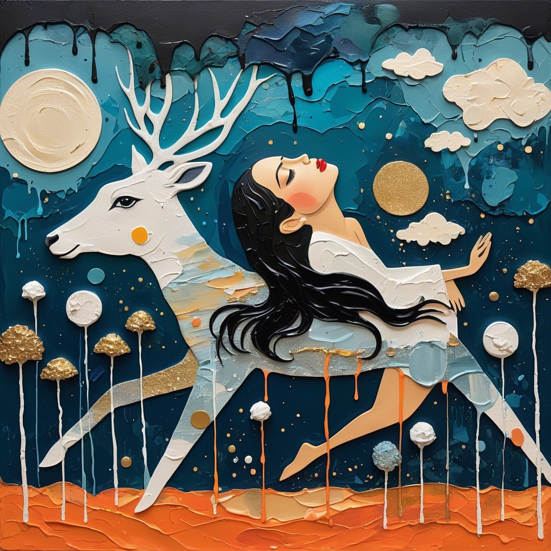 3D Rendered Illustration of a White Deer and Woman