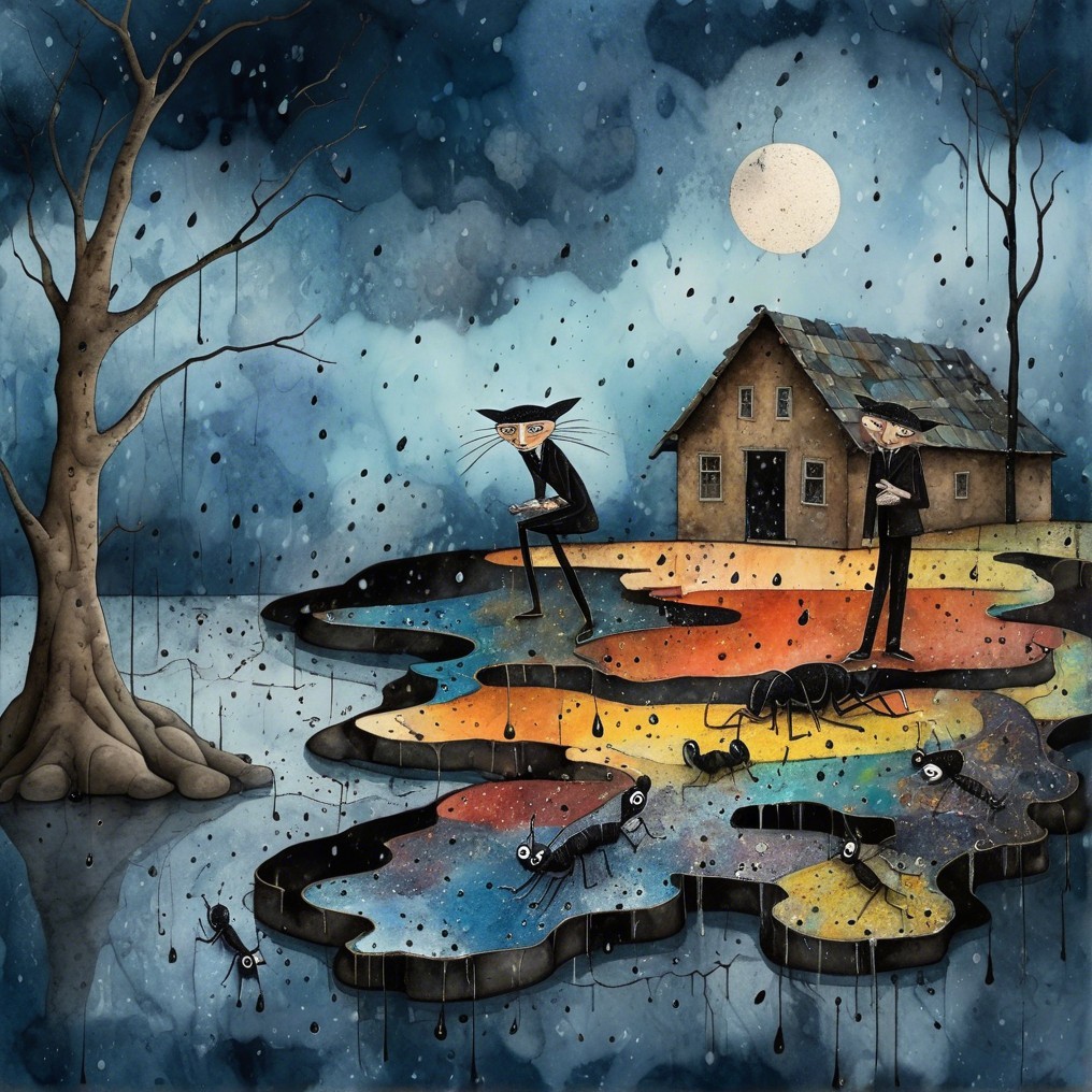 Whimsical Illustrated Scene with Men in Hats and Ants