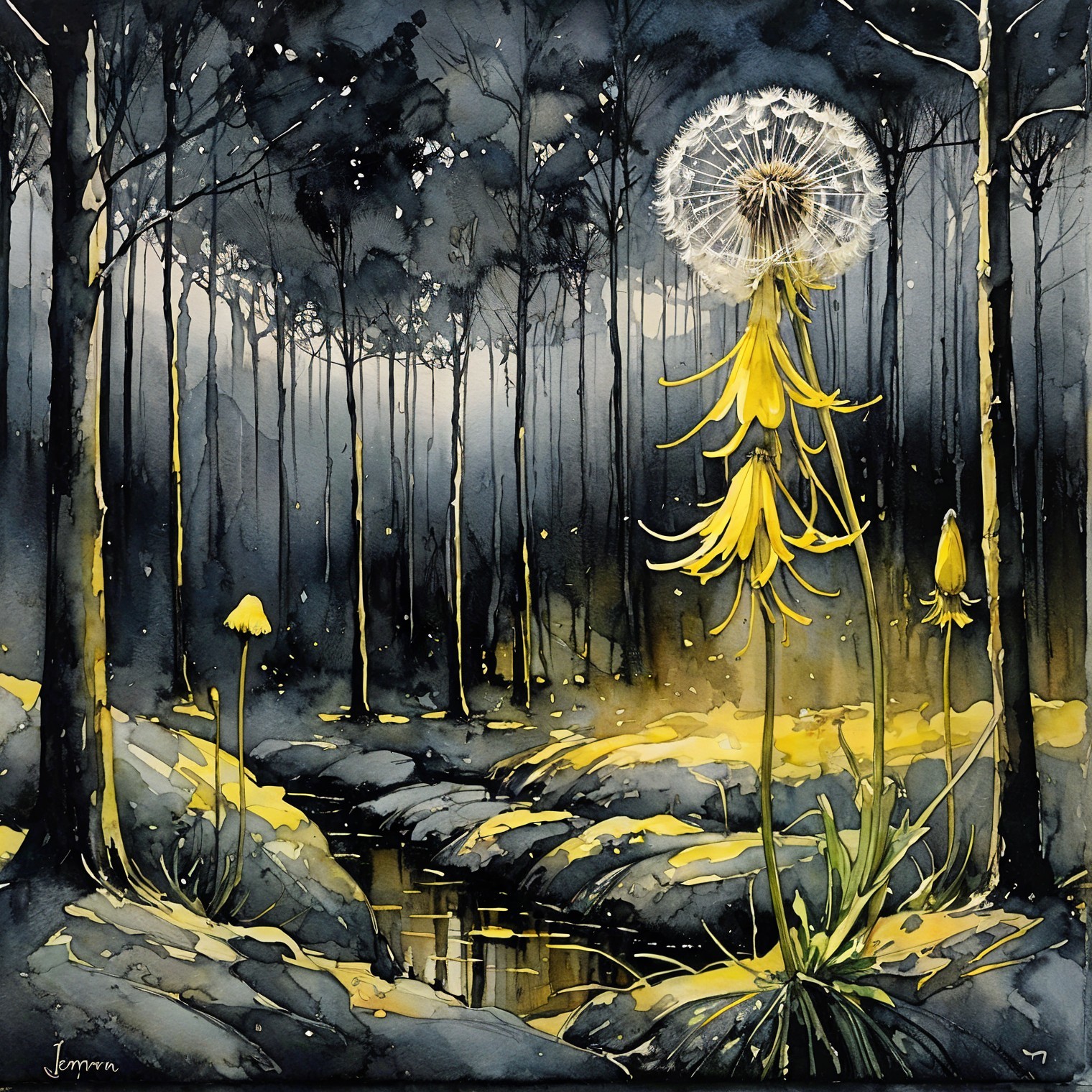 Mystical Landscape with Dandelions and Stream