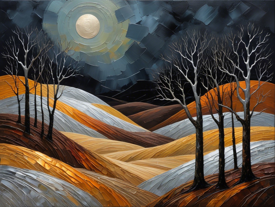 Textured Landscape Painting of Hills and Moonlight