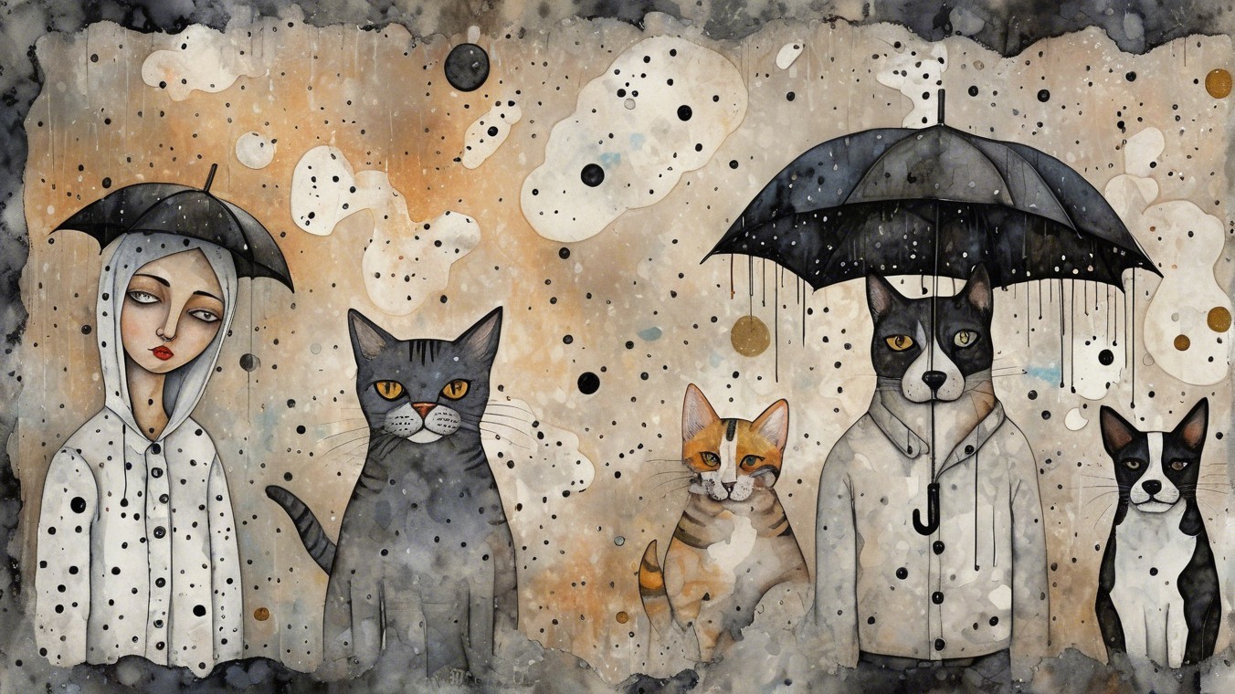 Whimsical Scene of Characters with Umbrellas in Rain