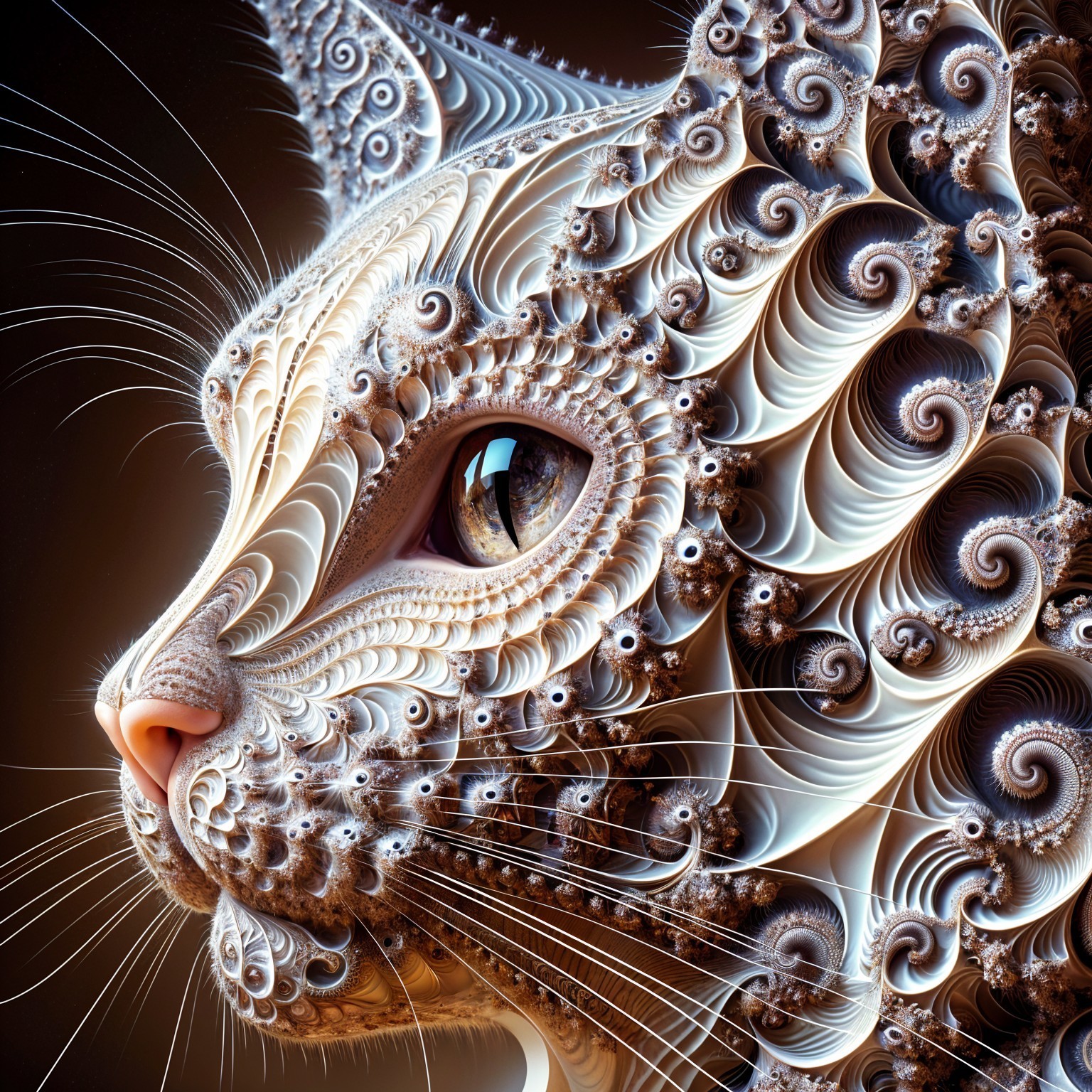 Surreal Cat Head with Intricate Fractal Patterns