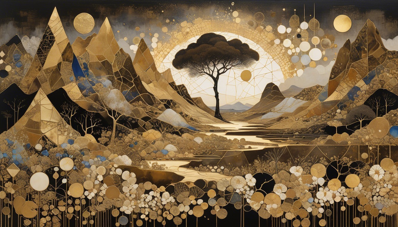 Surreal Landscape with Mountains and Serene River