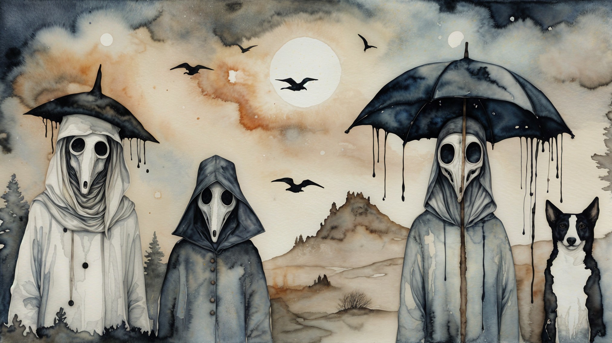 Figures in Cloaks with Masks in Eerie Landscape