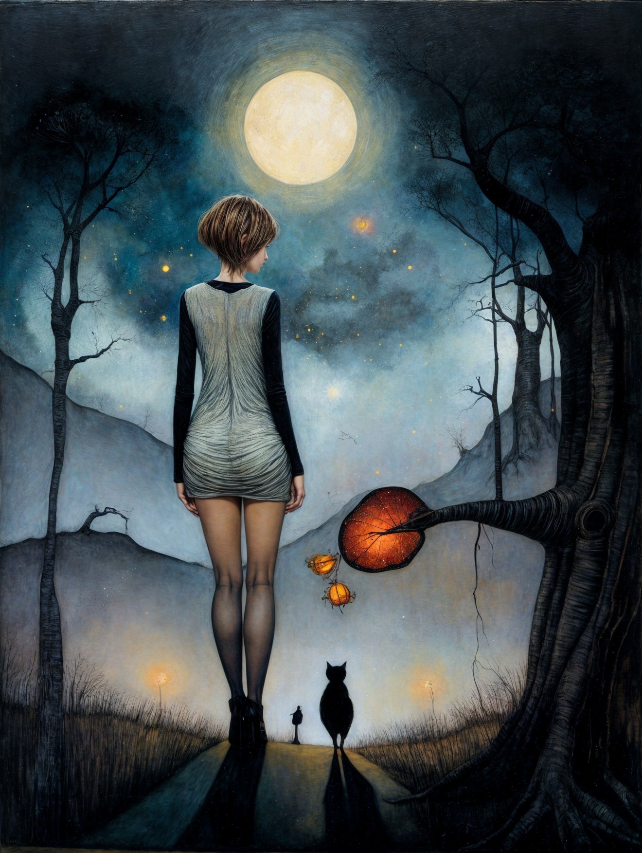 Surreal Moonlit Scene with Figure and Cat