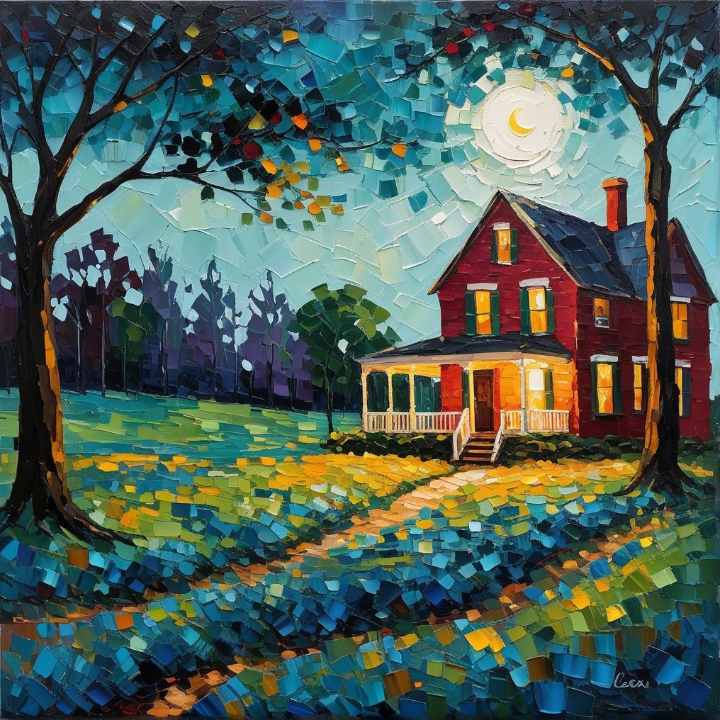 Impressionistic Painting of a Red House at Night