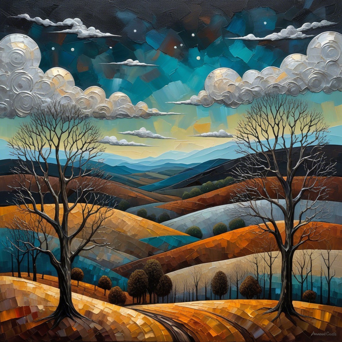 Impressionistic Twilight Landscape with Rolling Hills