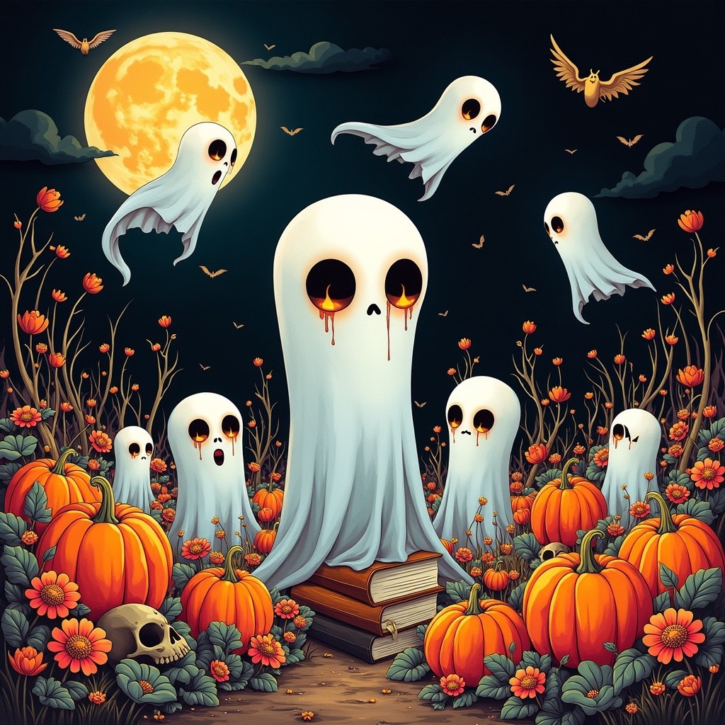 Whimsical Halloween Scene with Ghosts and Pumpkins