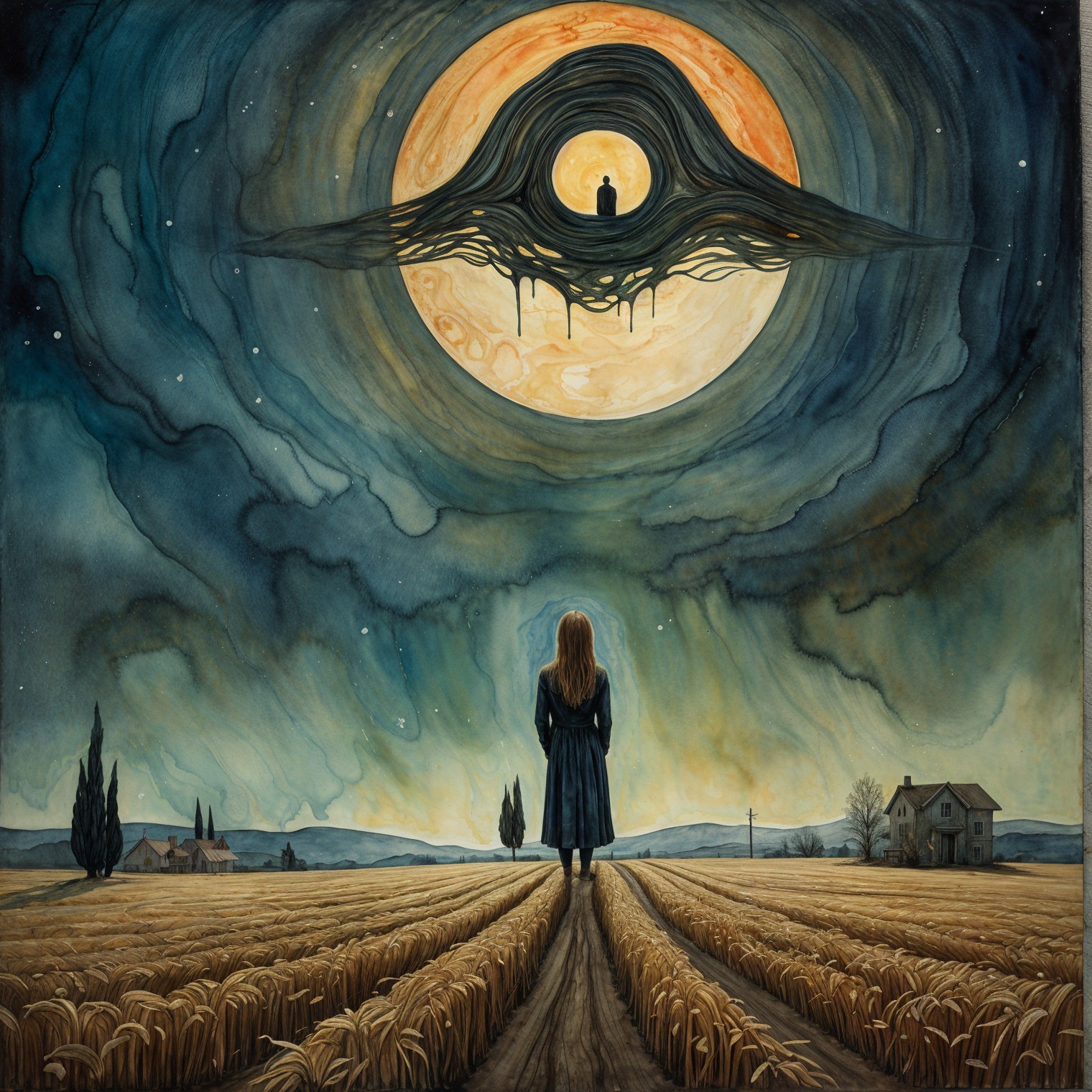Solitary Figure in Golden Field Under Night Sky