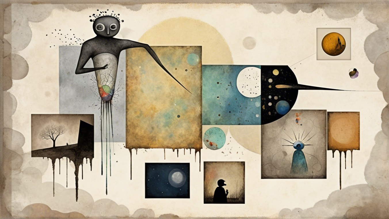 Surreal Artwork with Abstract Figure and Celestial Themes