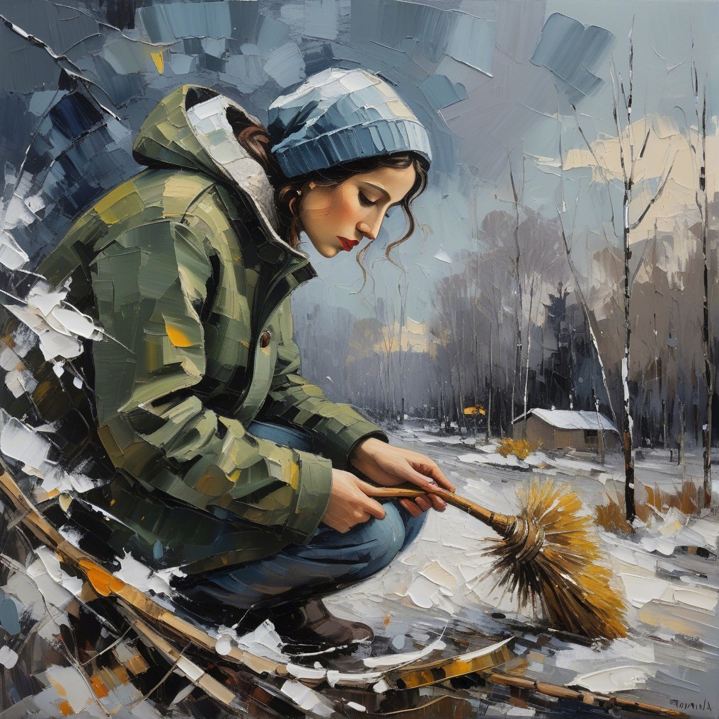Young Woman Sweeping Snow on a Winter Path