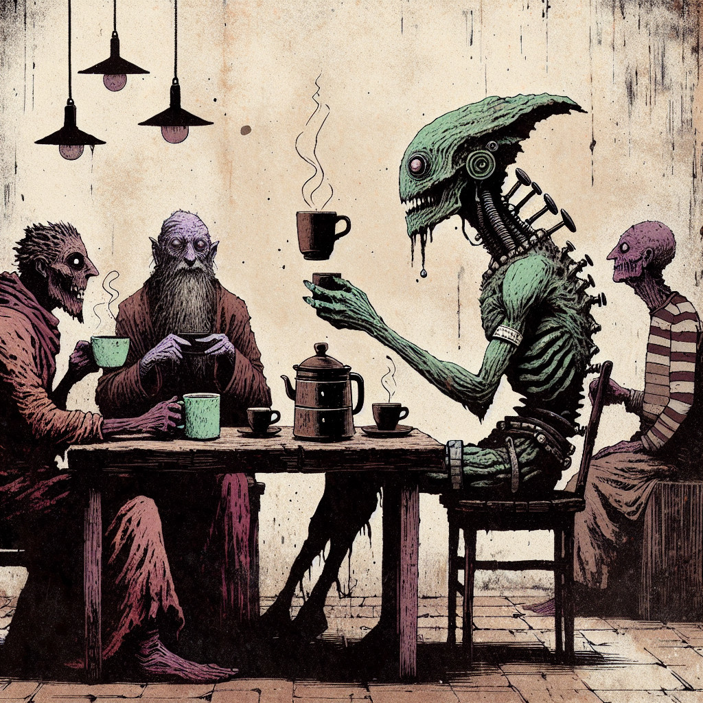 Surreal Tea Gathering with Eerie Figures and Lighting