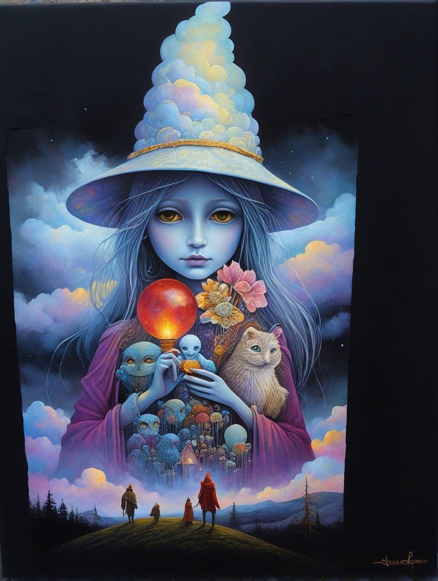 Mystical Young Girl with Blue Skin and Enchanting Creatures