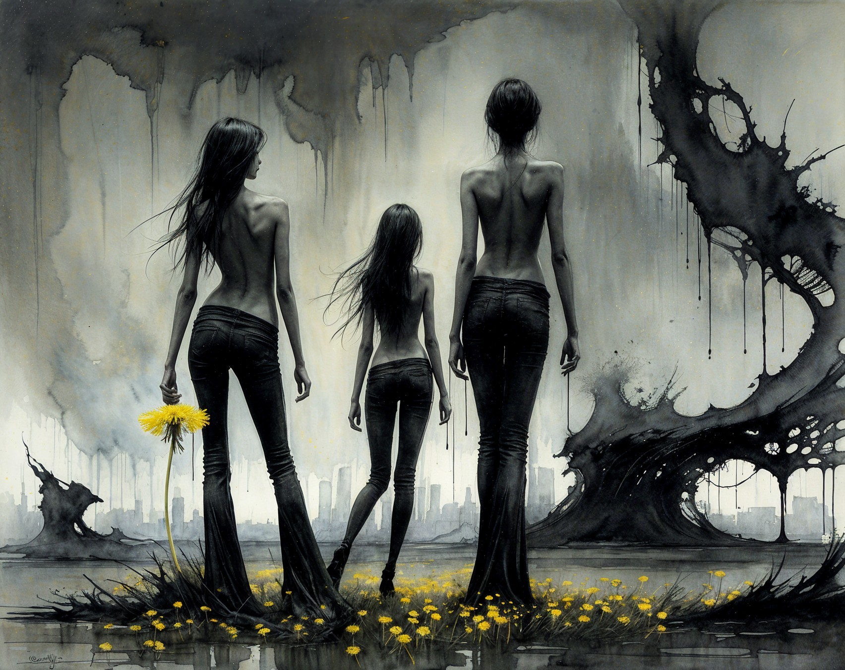 Monochromatic Scene with Figures and City Skyline