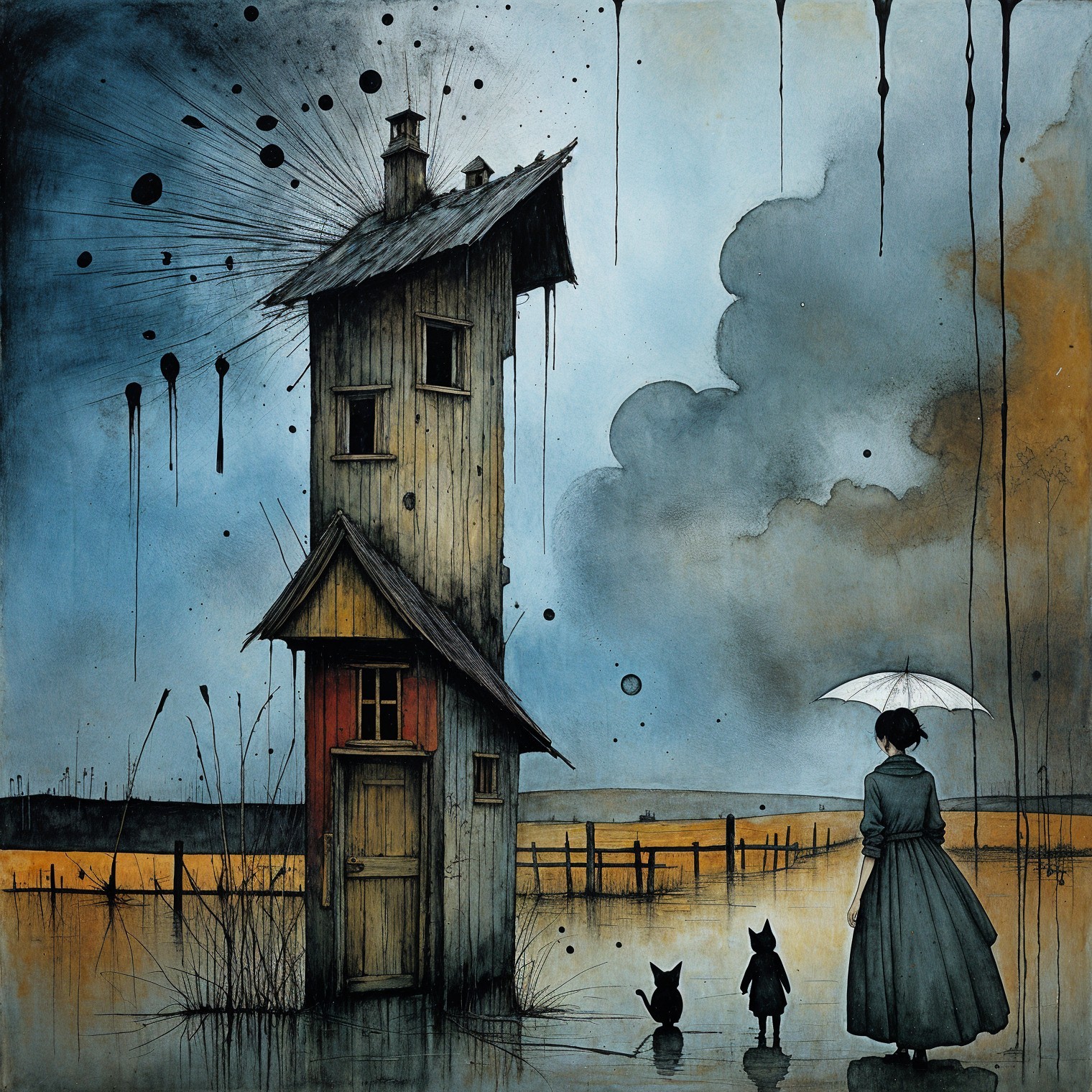 Surreal Landscape with Wooden House and Cats