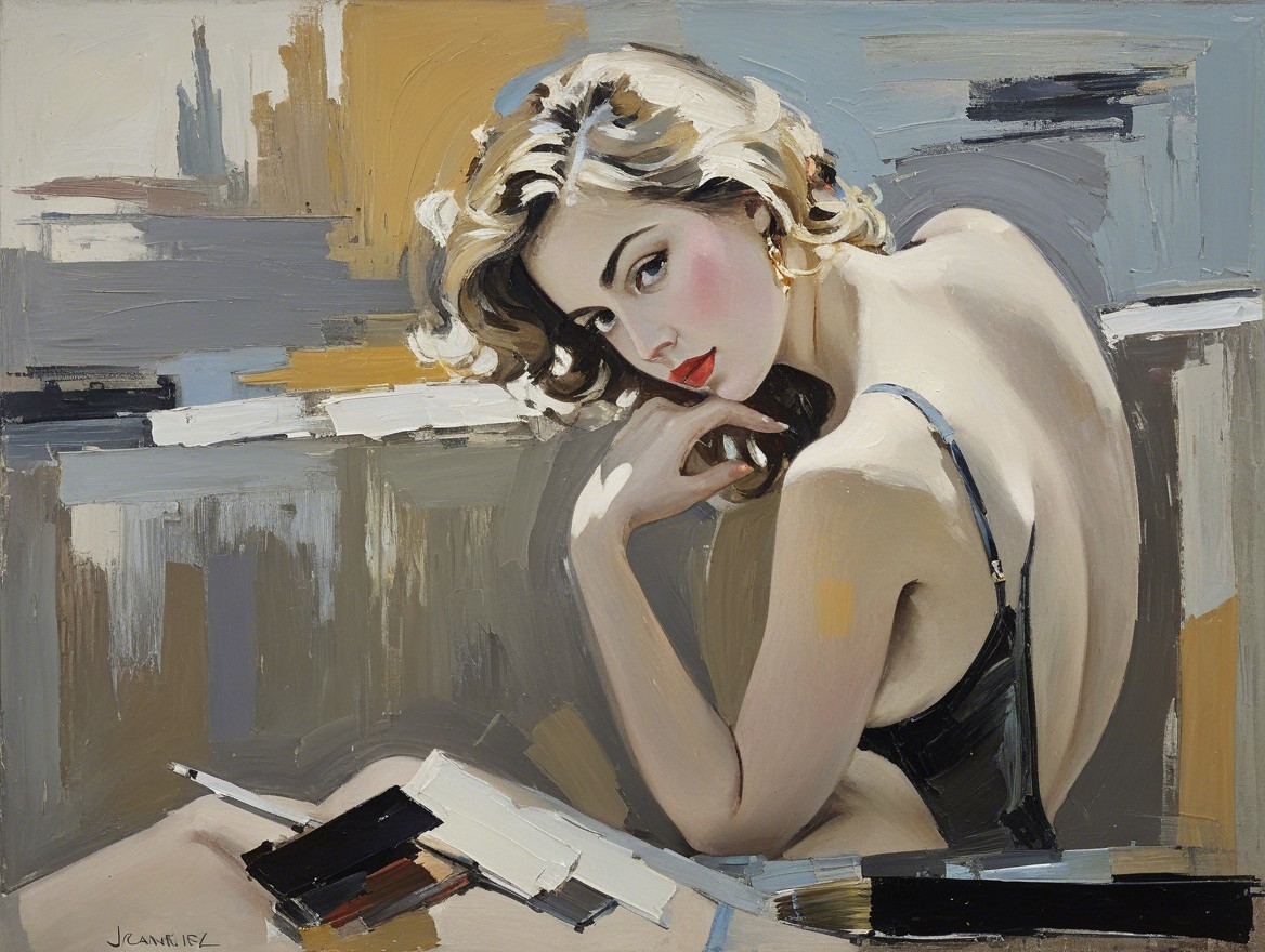 Woman in Lingerie with Abstract Background in Painting