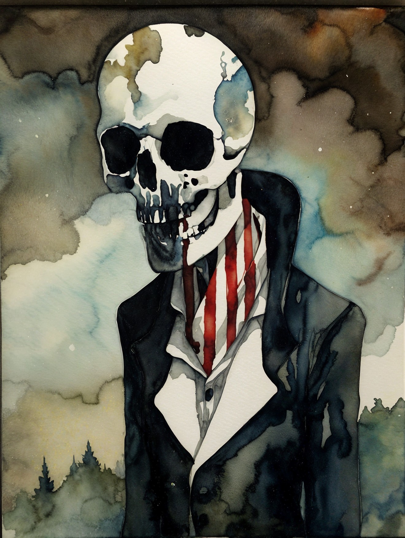 Haunting Watercolor of Skeletal Figure in Dark Setting
