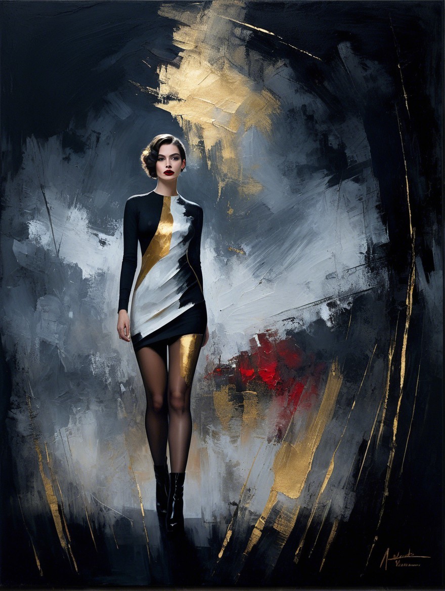 Confident Figure in Sleek Dress with Bold Background
