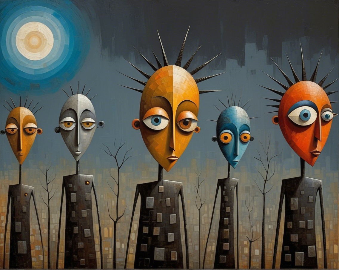 Stylized Figures in Abstract Landscape with Moon