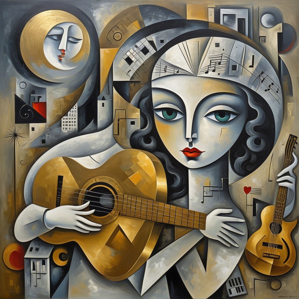 Abstract Painting of a Woman Playing Guitar with Moon