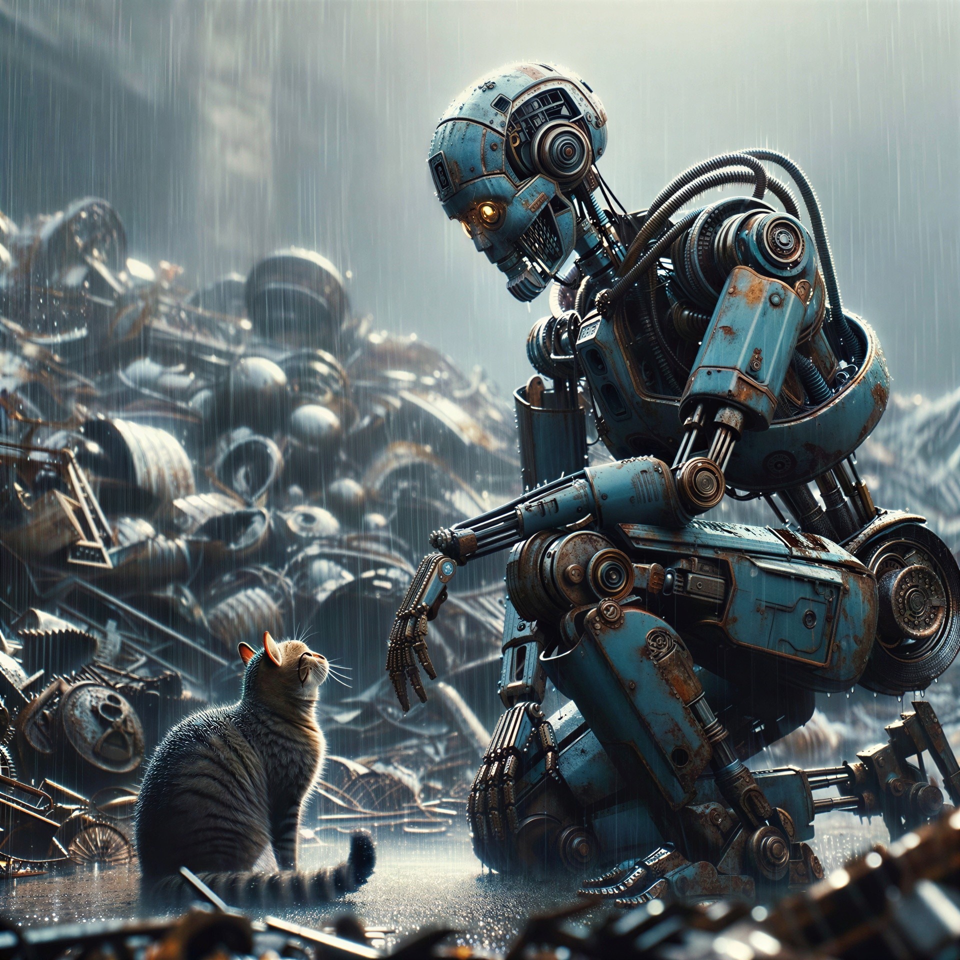 Cyberpunk Robot Interacting with a Tabby Cat in Junkyard