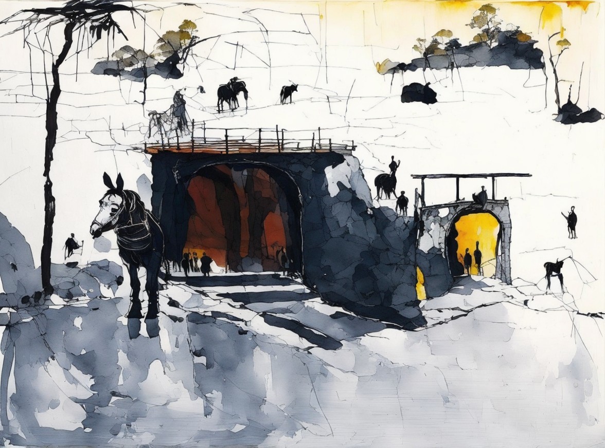 Stark Landscape with Horses and Silhouetted Figures
