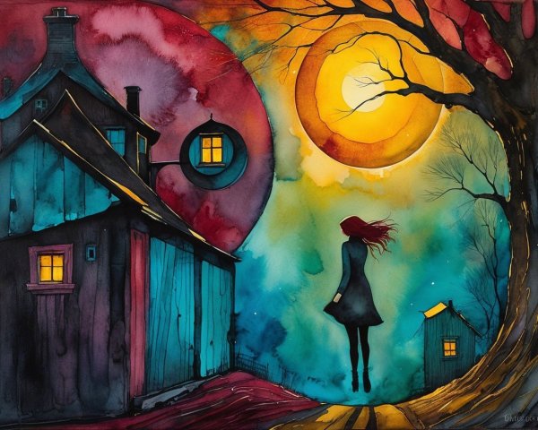 Whimsical Watercolor Scene with Girl and Vibrant Sky