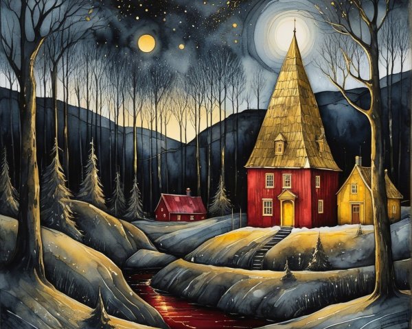 Winter Landscape with Red House and Moonlit Stream