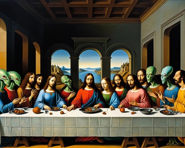 Alien Disciples in a Surreal Last Supper Scene
