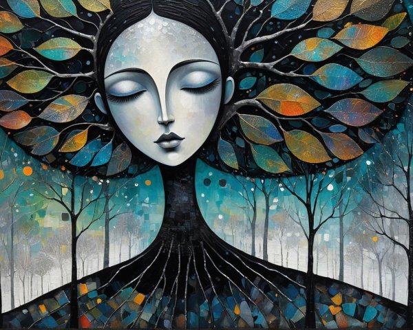 Digital Artwork of Woman in Autumn Forest Setting