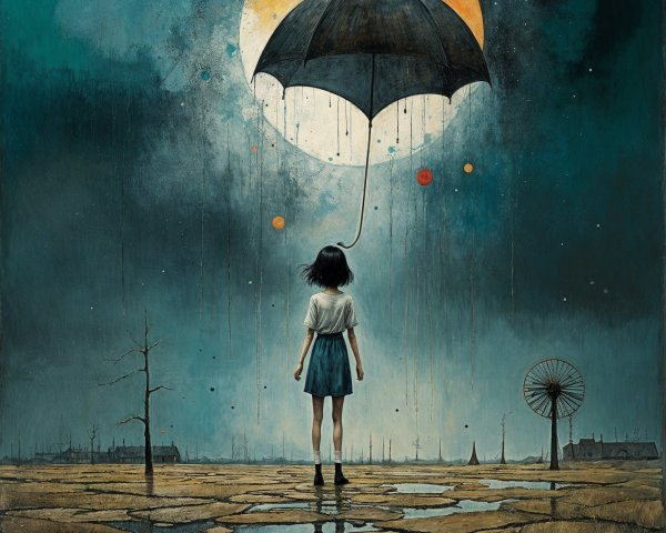 Solitary Girl in Desolate Landscape Under Glowing Moon