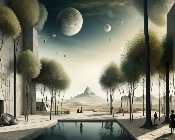 Surreal Landscape with Geometric Structures and Planets