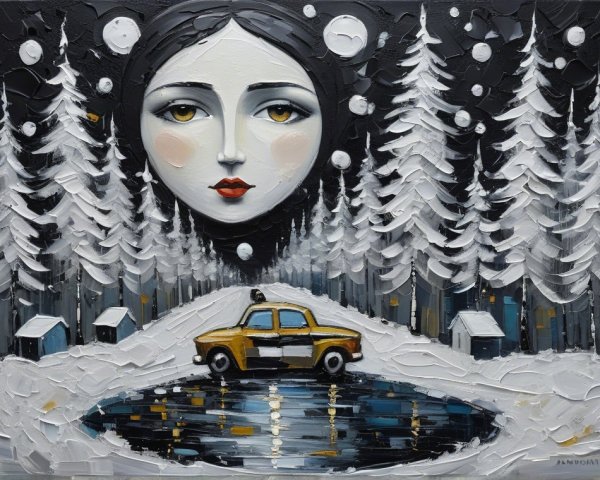 Whimsical Winter Scene with Ethereal Face and Taxi