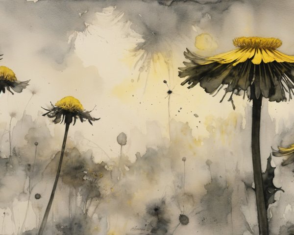 Watercolor Painting of Yellow Dandelions in Misty Scene