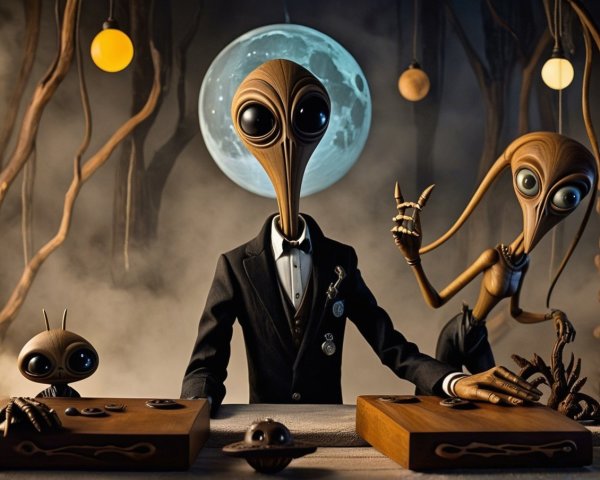 Three Whimsical Aliens at a Wooden Table Scene