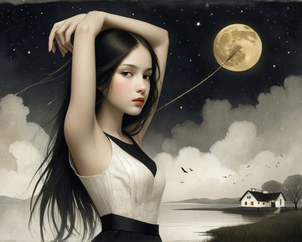 Young Woman in Dress Against Starry Night Sky