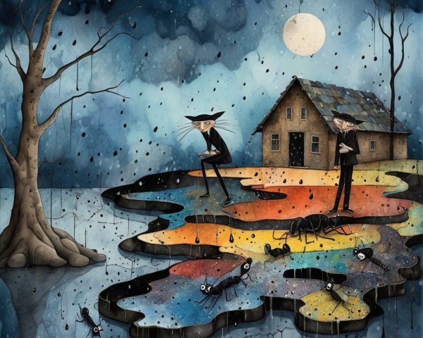 Whimsical Illustrated Scene with Men in Hats and Ants