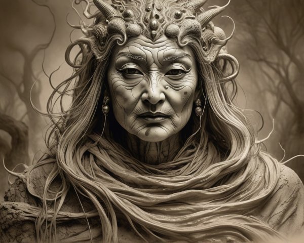Mystical Figure with Aged Face and Organic Elements