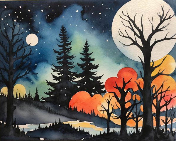 Whimsical Watercolor of Night Landscape with Moon
