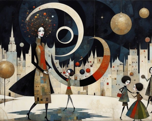 Surrealist Artwork of Woman in Colorful Cityscape