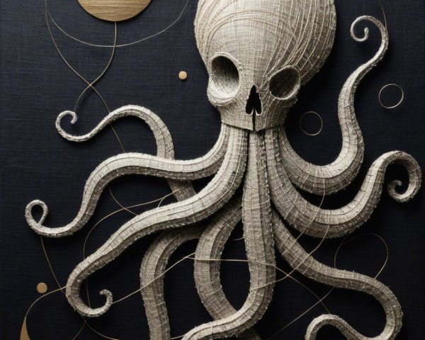 Stylized Octopus with Skull Head and Celestial Elements