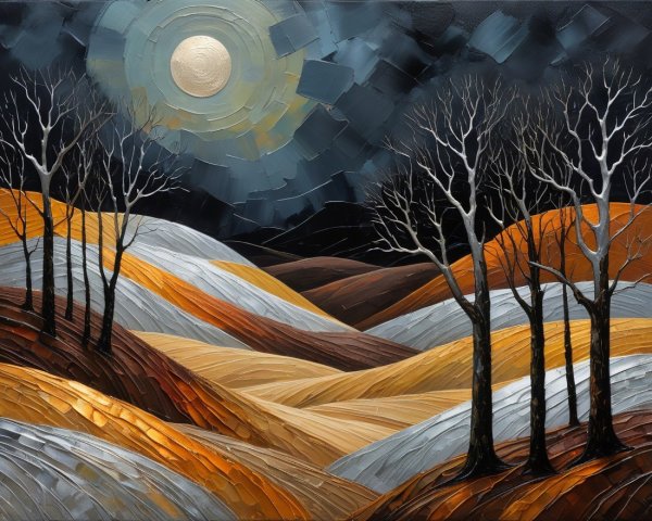 Textured Landscape Painting of Hills and Moonlight