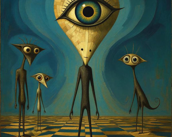 Surreal Alien Creatures on a Chessboard Floor