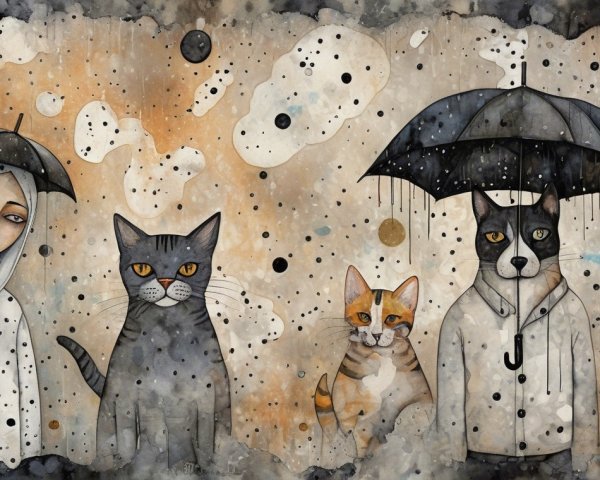 Whimsical Scene of Characters with Umbrellas in Rain